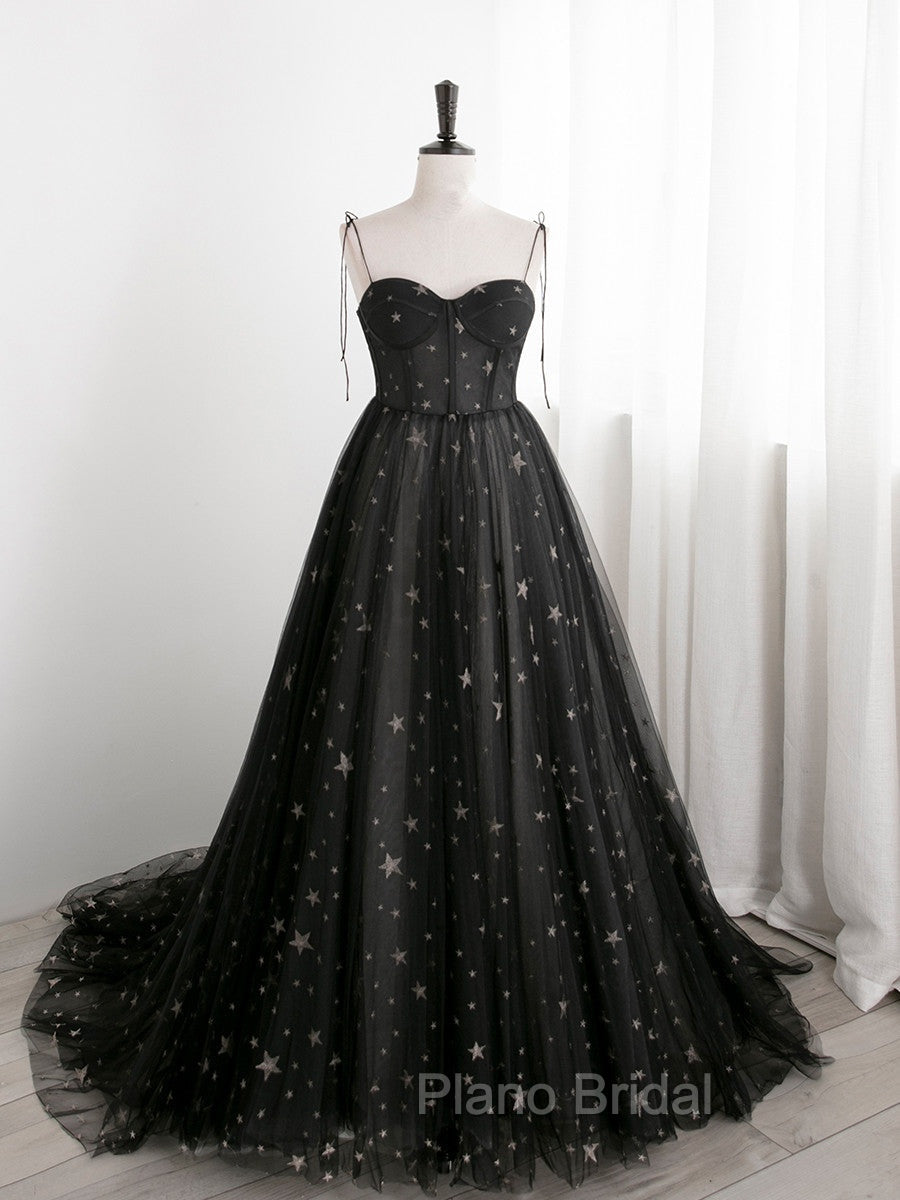Black Sweetheart Tulle Straps Long Formal Dresses, Black Evening Party Dresses Main image