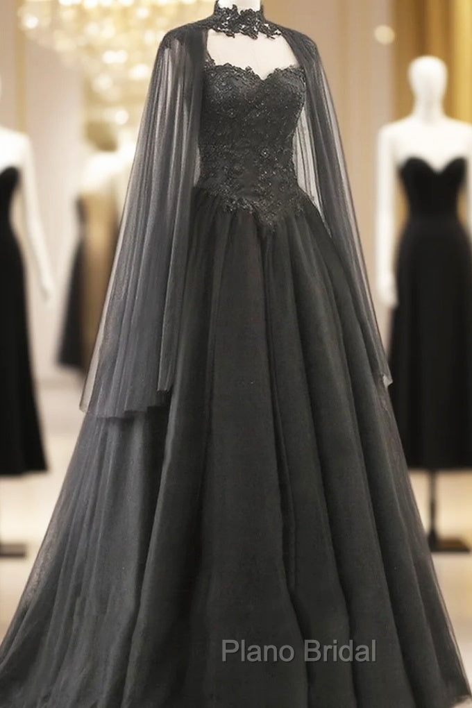 Black Sweetheart Tulle with Lace Long Sweet 16 Dresses, Black Formal Dresses with Cape Main image