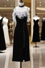 Black Tea Length Straps Beaded Formal Dresses, Black Party Dresses Formal Dresses