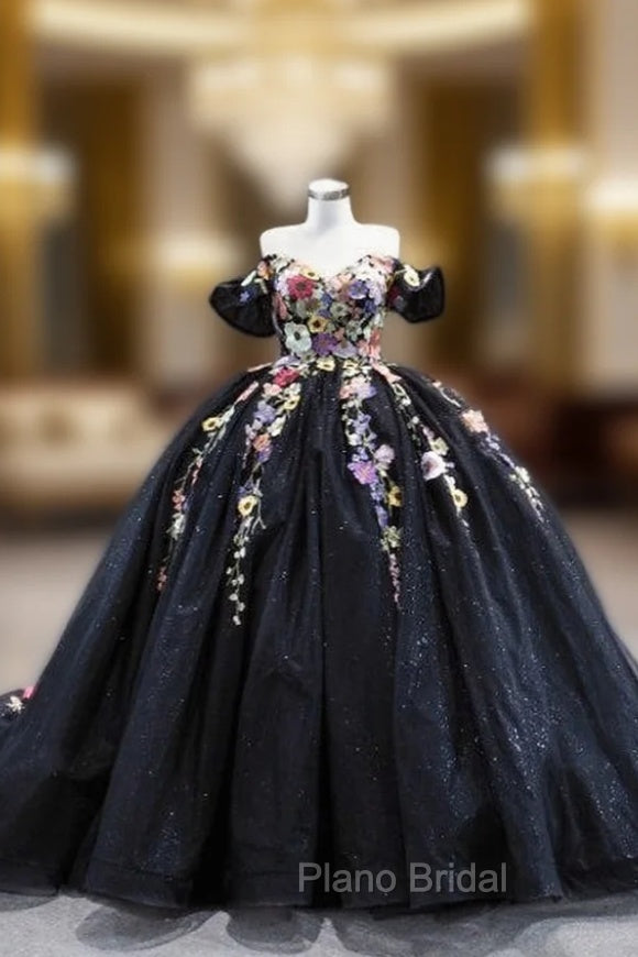 Black Tulle 3D Flower Off the Shoulder Formal Prom Dresses Main image