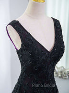 Black Tulle A-Line V-Neck Purple Satin Lace Applique Long Formal Prom Dresses With Beadings