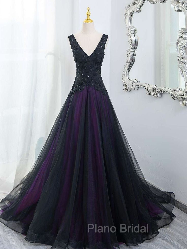 Black Tulle A-Line V-Neck Purple Satin Lace Applique Long Formal Prom Dresses With Beadings
