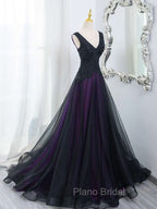 Black Tulle A-Line V-Neck Purple Satin Lace Applique Long Formal Prom Dresses With Beadings