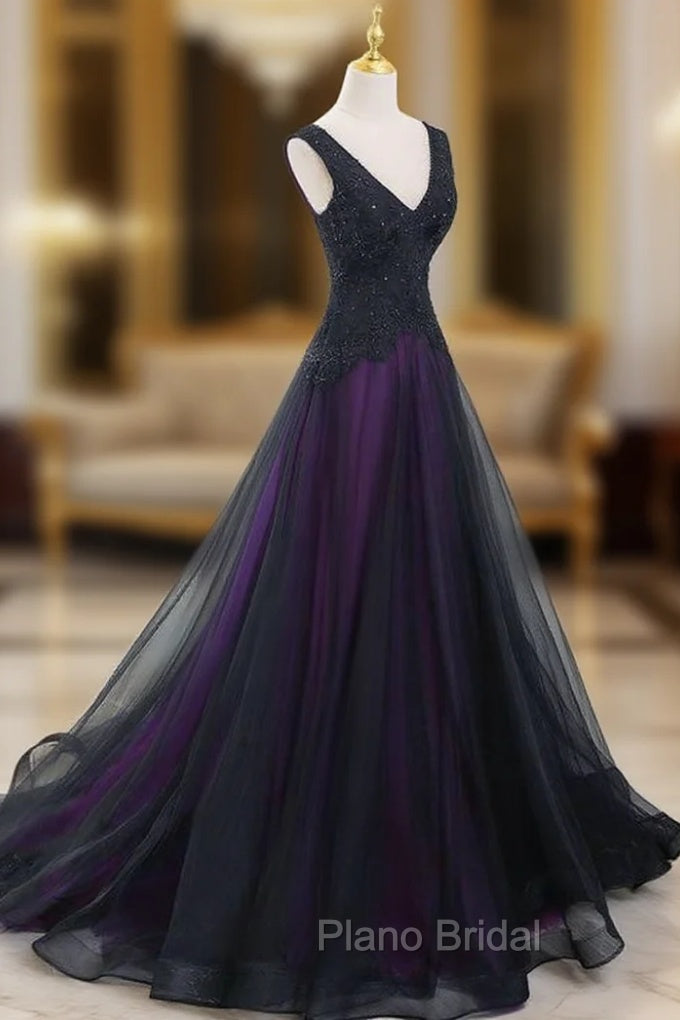 Black Tulle A-Line V-Neck Purple Satin Lace Applique Long Formal Prom Dresses With Beadings Main image