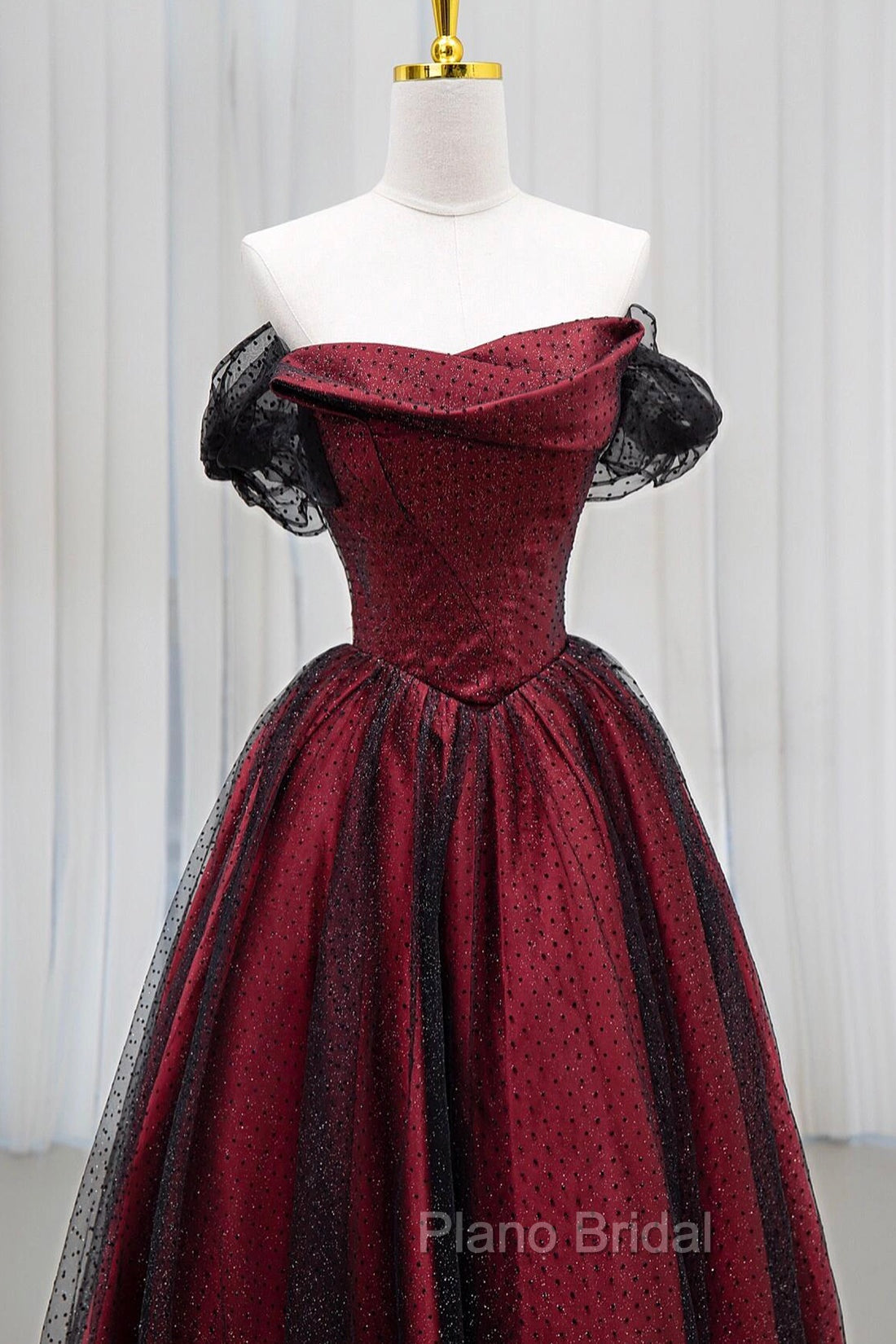 Black Tulle And Burgundy Satin Long Formal Prom Dresses, Charming A-Line Party Dresses Secondary image