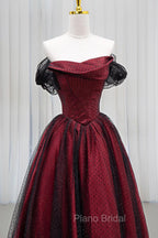 Black Tulle And Burgundy Satin Long Formal Prom Dresses, Charming A-Line Party Dresses
