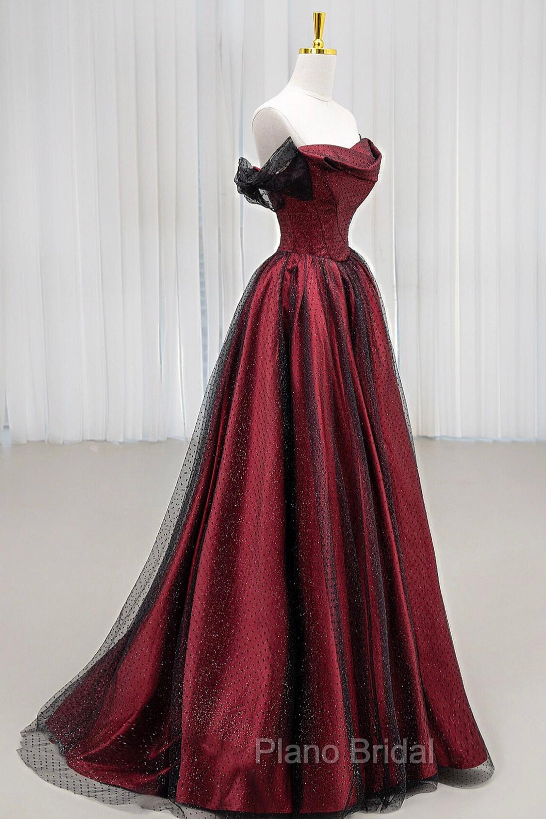 Black Tulle And Burgundy Satin Long Formal Prom Dresses, Charming A-Line Party Dresses
