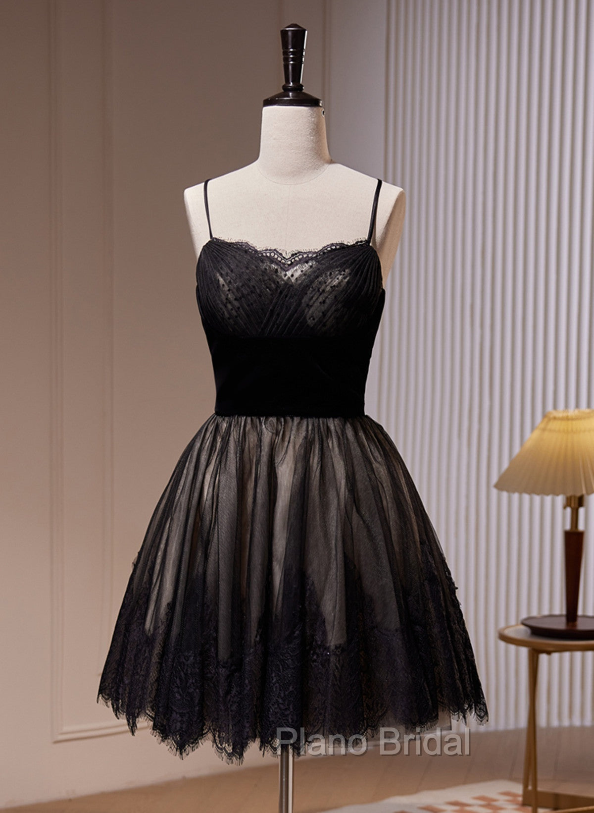 Black Tulle and Lace Straps Short Party Dresses, Black Homecoming Dresses