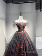 Black Tulle And Red Sequins Floor Length Formal Prom Dresses, Off The Shoulder Formal Party Dresses