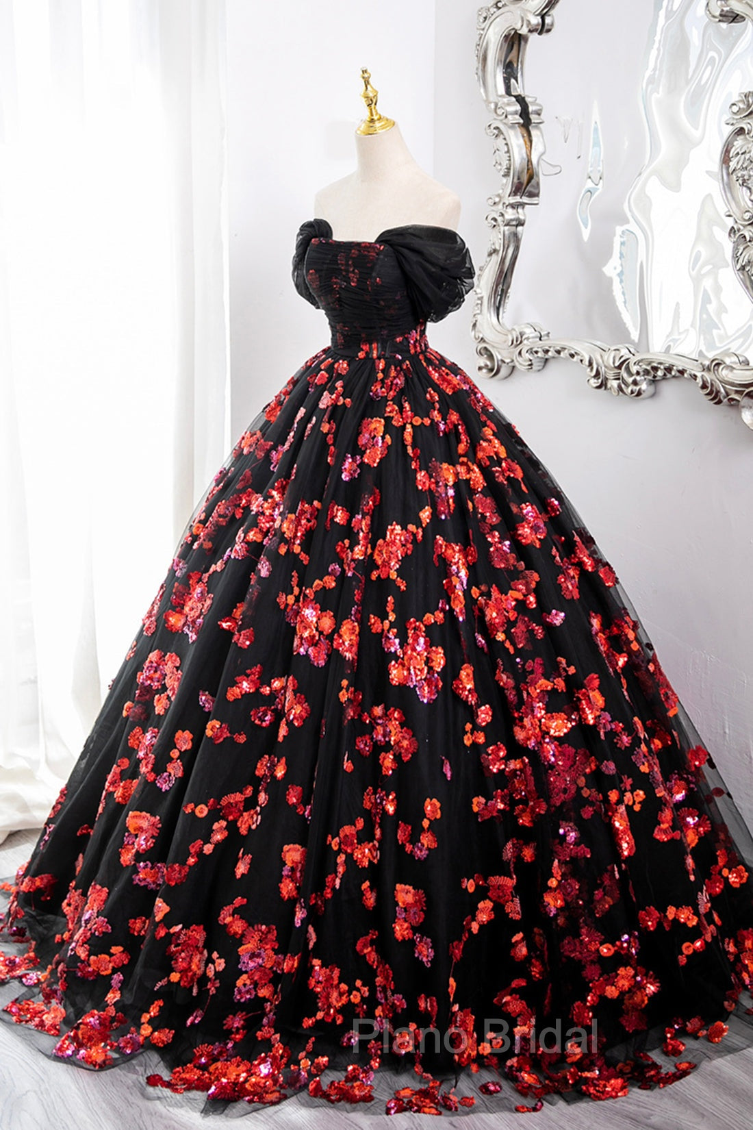 Black Tulle And Red Sequins Long Formal Dresses, Off The Shoulder Evening Dresses