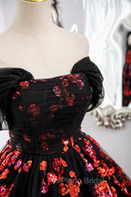 Black Tulle And Red Sequins Long Formal Dresses, Off The Shoulder Evening Dresses