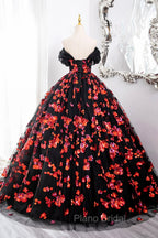 Black Tulle And Red Sequins Long Formal Dresses, Off The Shoulder Evening Dresses