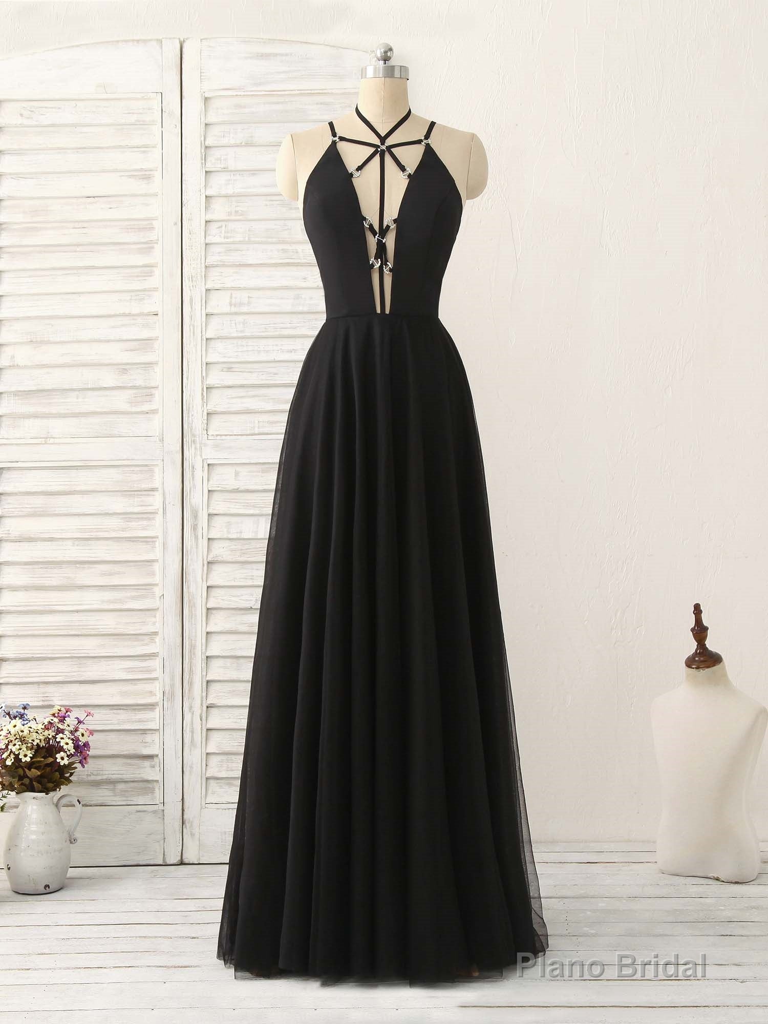 Black Tulle Backless Long Prom Dress, Black Evening Dress Main image