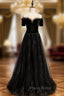 Black Tulle Bateau Short Sleeve Beading Formal Prom Dresses