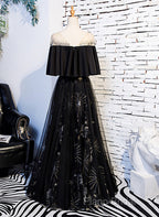 Black Tulle Beaded Long Party Dresses, A-Line Black Formal Dresses Formal Prom Dresses