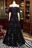 Black Tulle Beaded Long Party Dresses, A-Line Black Formal Dresses Formal Prom Dresses