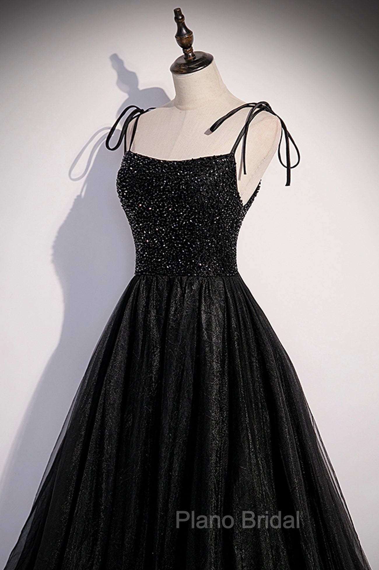 Black Tulle Beaded Long Formal Prom Dresses, A-Line Spaghetti Straps Evening Dresses