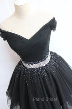 Black Tulle Beaded Short Formal Prom Dresses, Off Shoulder Evening Party Dresses