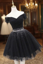 Black Tulle Beaded Short Formal Prom Dresses, Off Shoulder Evening Party Dresses
