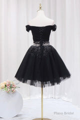 Black Tulle Beaded Short Prom Dress, Off Shoulder Evening Party Dress