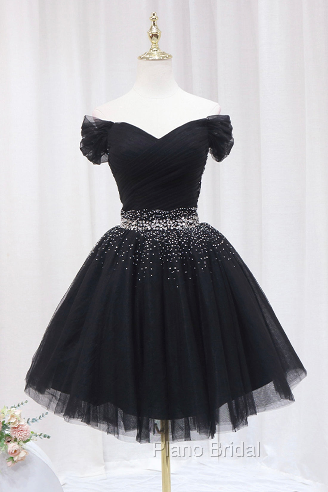 Black Tulle Beaded Short Formal Prom Dresses, Off Shoulder Evening Party Dresses