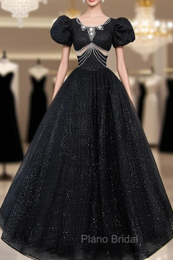 Black Tulle Beaded Short Sleeves Formal Prom Dresses, Black Tulle Formal Dresses Main image