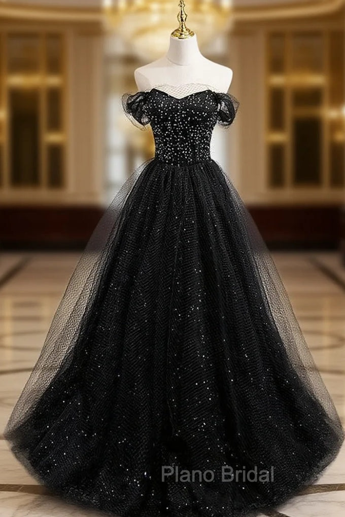 Black Tulle Beading Off the Shoulder Formal Prom Dresses