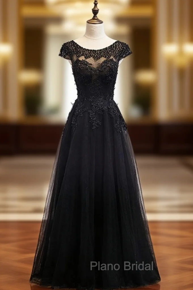 Black Tulle Cap Sleeve Appliques Beading Formal Prom Dresses Main image