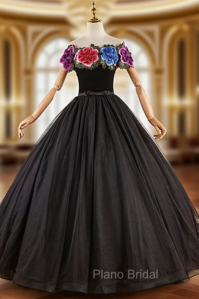 Black Tulle Embroidery Flower Quinceanera Dresses Main image