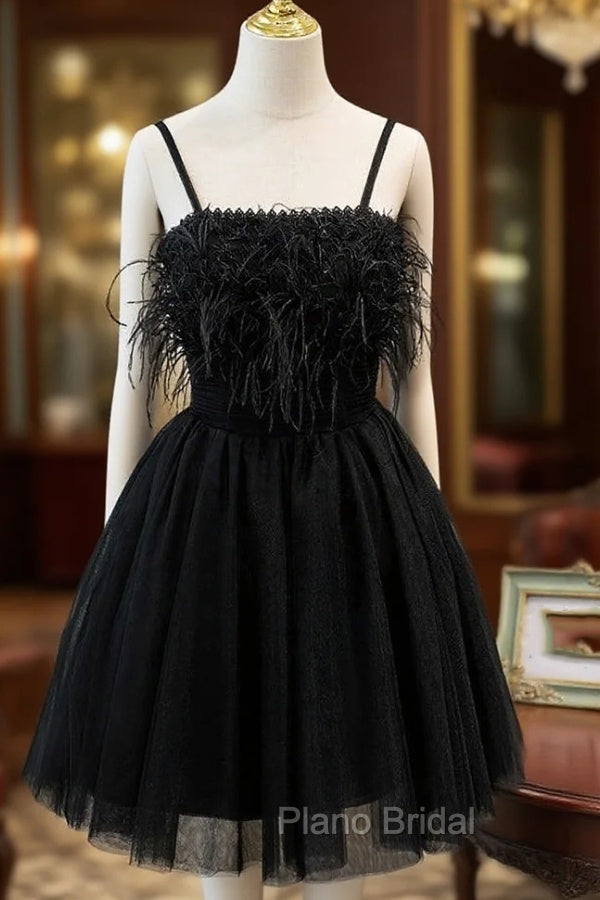 Black Tulle Feather Spaghetti Straps Homecoming Dresses Main image