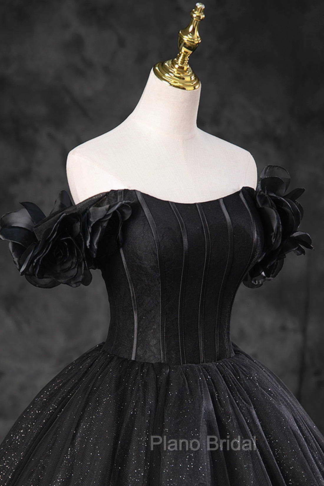 Black Tulle Floor Length A-Line Formal Prom Dresses, Off the Shoulder Evening Party Dresses Secondary image