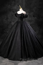 Black Tulle Floor Length A-Line Formal Prom Dresses, Off the Shoulder Evening Party Dresses