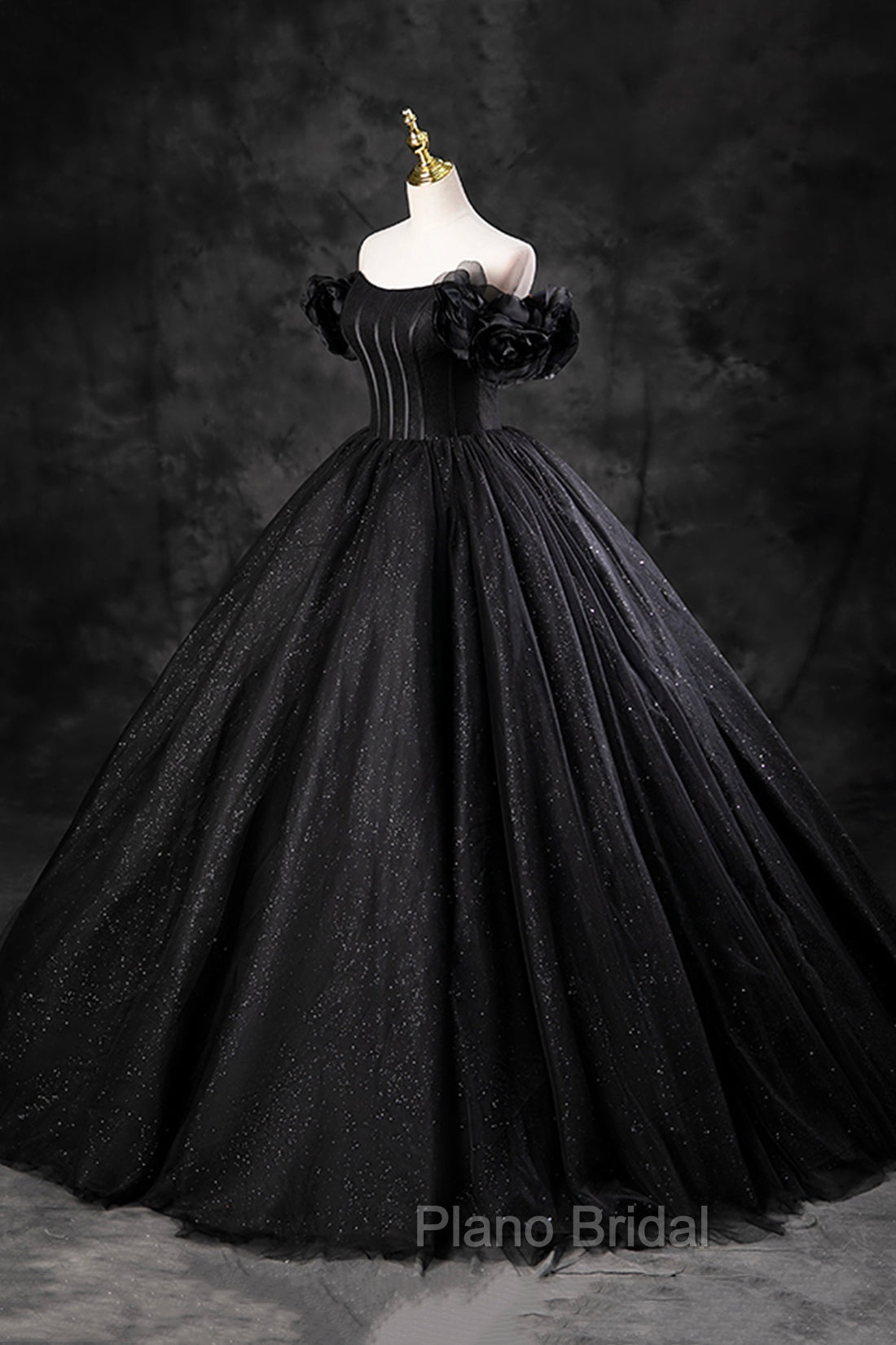 Black Tulle Floor Length A-Line Formal Prom Dresses, Off the Shoulder Evening Party Dresses