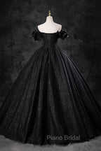 Black Tulle Floor Length A-Line Formal Prom Dresses, Off the Shoulder Evening Party Dresses