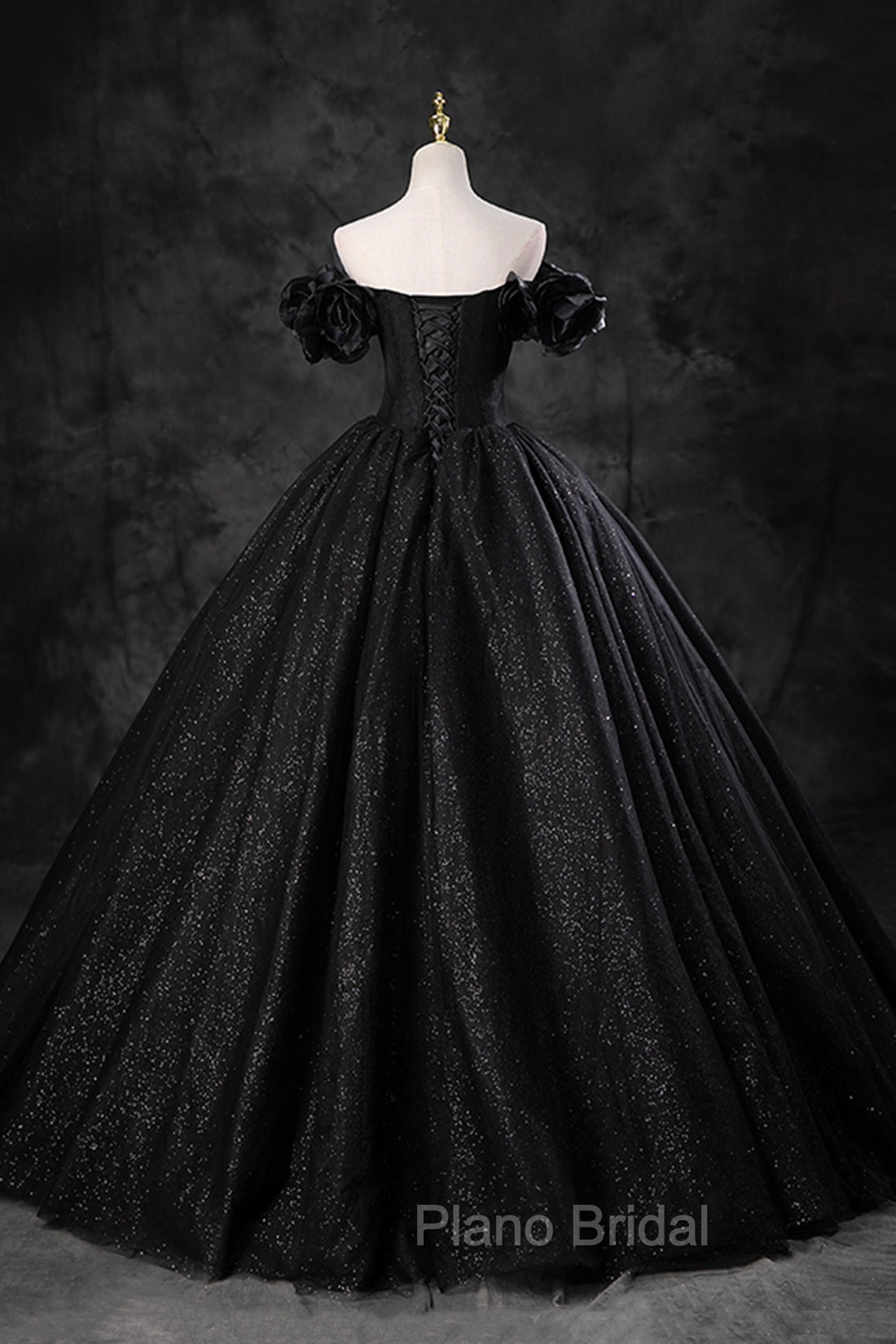 Black Tulle Floor Length A-Line Formal Prom Dresses, Off the Shoulder Evening Party Dresses