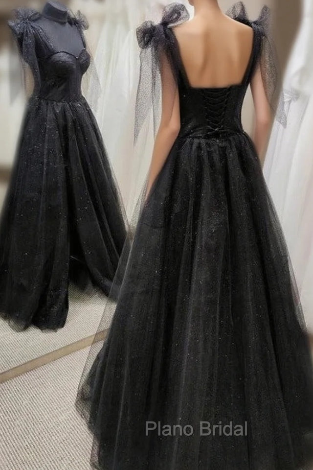 Black Tulle Floor Length Long Party Dresses with Slit, Black Evening Dresses