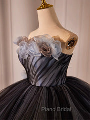 Black Tulle Flower Long Formal Prom Gown, Black Sweet 16 Dresses
