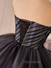 Black Tulle Flower Long Formal Prom Gown, Black Sweet 16 Dresses