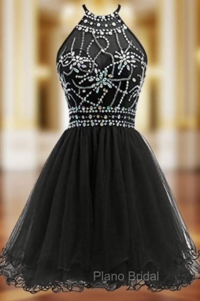 Black Tulle Halter Backless With Crystal Homecoming Dresses Main image