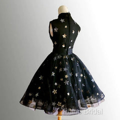 Black Tulle High Neckline Short Homecoming Dresses, Black Short Formal Prom Dresses