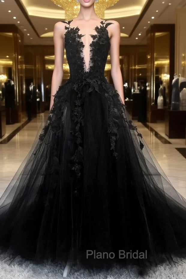 Black Tulle Lace Long A-Line Formal Prom Dresses, Black V-Neck Evening Dresses