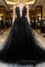 Black Tulle Lace Long A-Line Formal Prom Dresses, Black V-Neck Evening Dresses