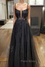 Black Tulle Lace Long Formal Prom Dresses, A-Line Spaghetti Straps Evening Dresses