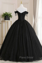 Black Tulle Lace Long Formal Prom Dresses, Black A-Line Evening Gown