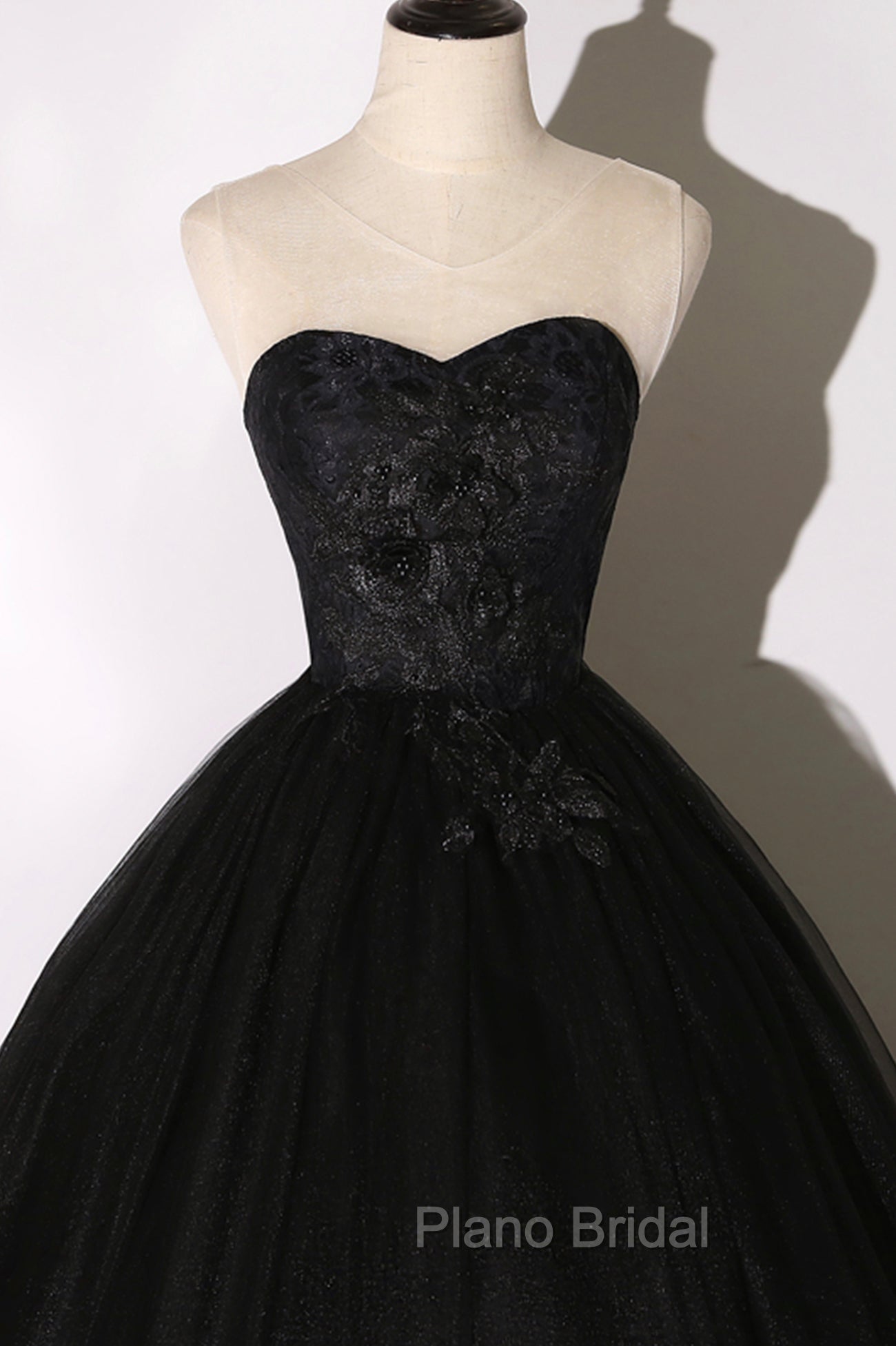 Black Tulle Lace Long Formal Prom Dresses, Black Scoop Neckline Evening Party Dresses