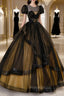 Black Tulle Lace Long Formal Prom Dresses, Black Short Sleeve Evening Dresses