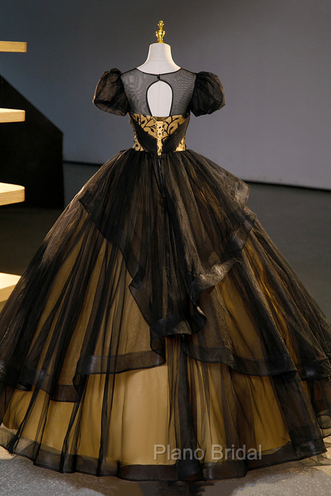 Black Tulle Lace Long Formal Prom Dresses, Black Short Sleeve Evening Dresses