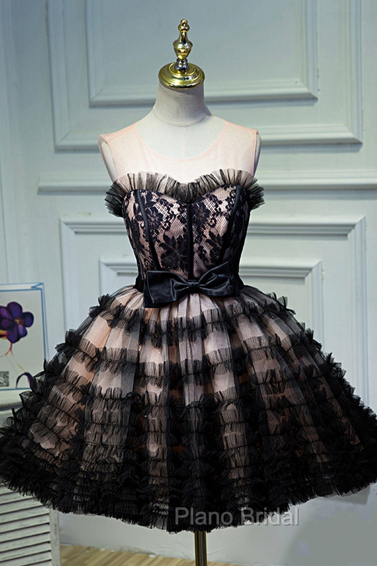 Black Tulle Lace Short Formal Prom Dresses, A-Line Black Homecoming Dresses