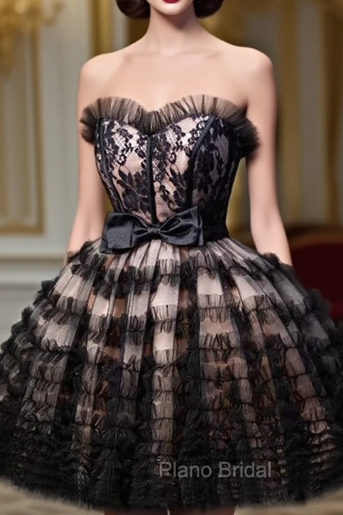 Black Tulle Lace Short Formal Prom Dresses, A-Line Black Homecoming Dresses Main image