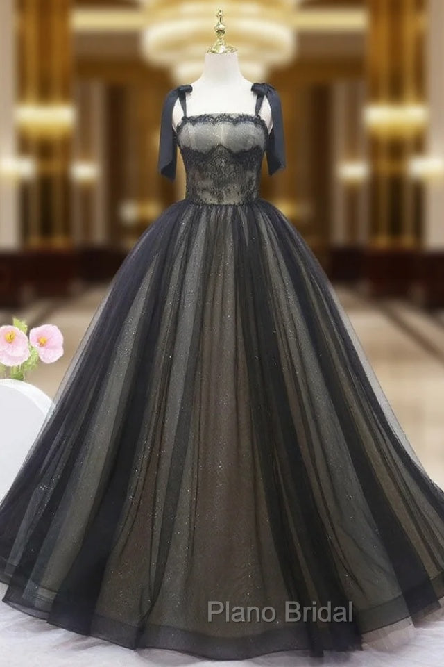 Black Tulle Lace Straps Formal Prom Dresses